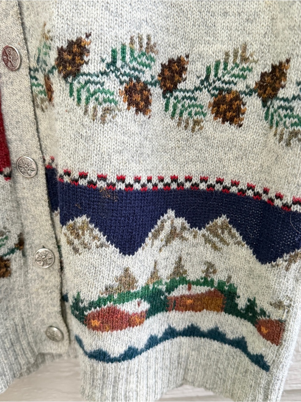 Vintage Woolrich Sweater Women XL Gray Wool Cardigan Fair Isle Deer Mountain 90s - Picture 12 of 13